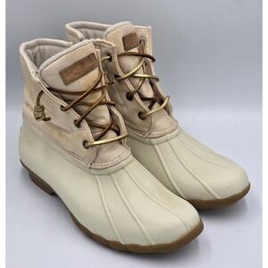 Sperry Waterproof Duck Booties Saltwater Canvas Oat/Gold STS80493 Wmns Size 9